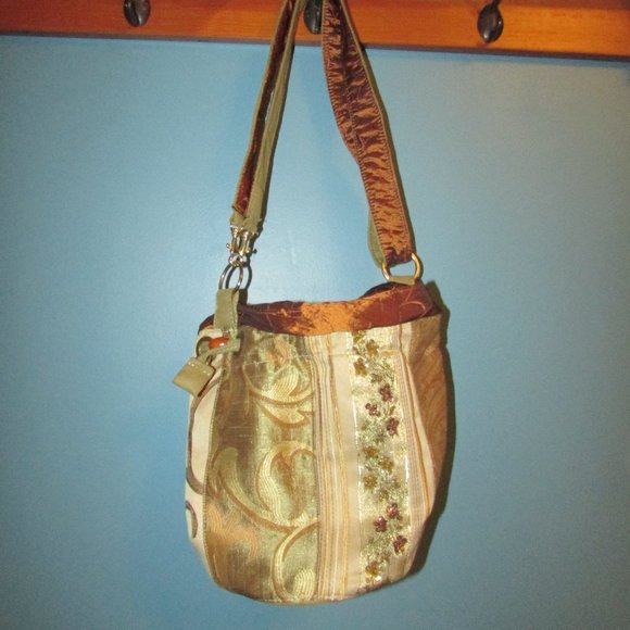 Hand Crafted Handbags - Sage Green and Bronze Drawstring Bag